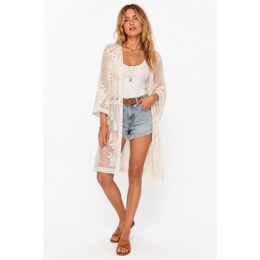 POL Boho Lace Kimono M/L Ivory Floral Embroidered Mesh Tie Front Beach Cover-Up